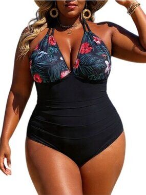 Aqua Eve Plus Size 24W Swimsuit One-Piece Floral Halter Ruched Tummy Control